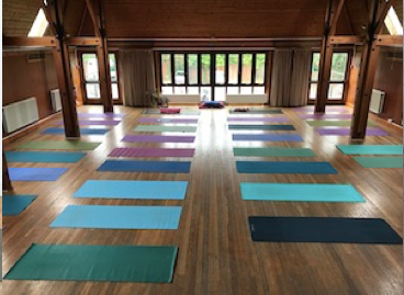 Inside Ditchling Village Hall: timber roof trusses, a wooden floor and rows of coloured yoga mats laid out before class